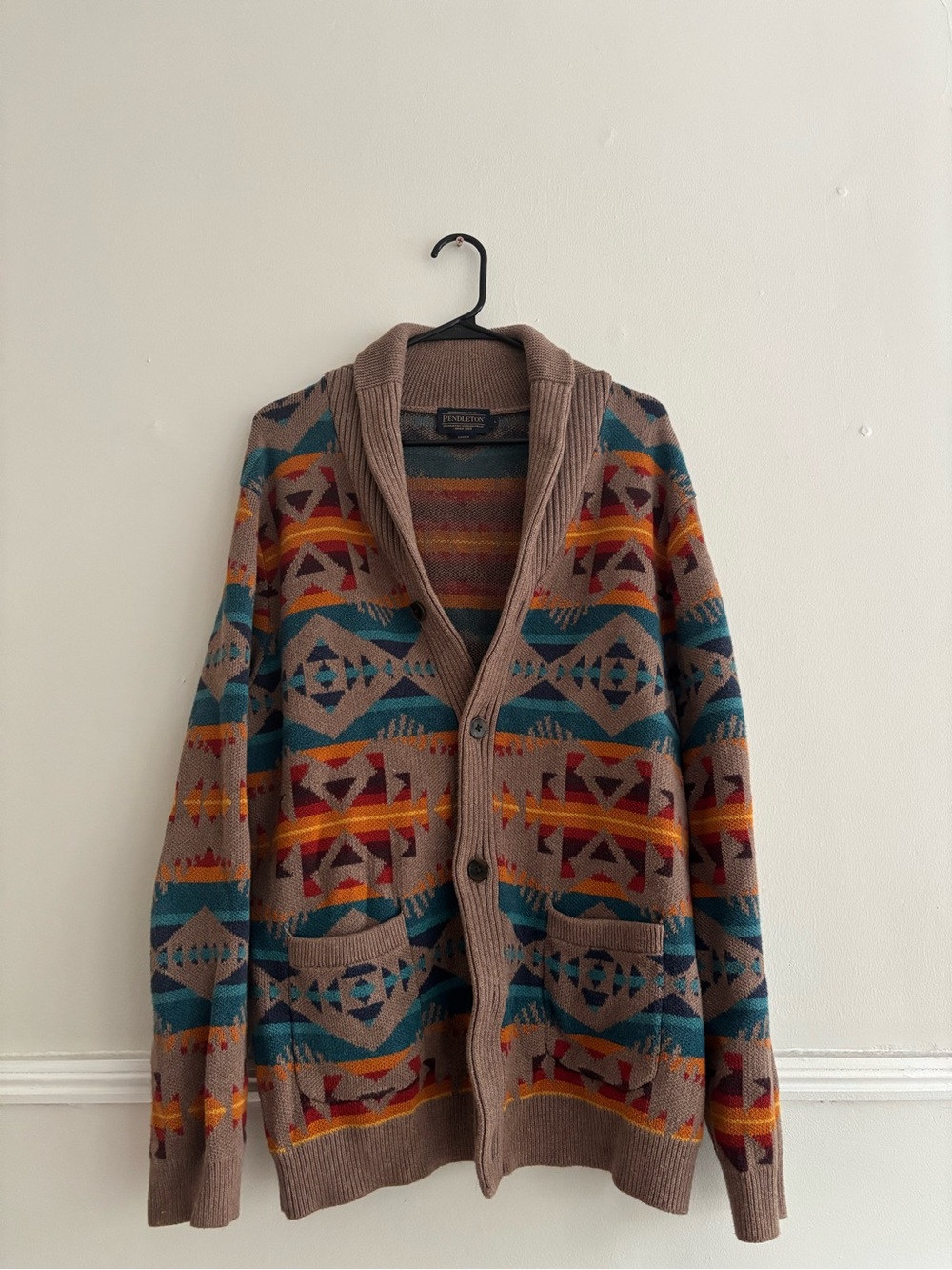 Pendleton Men's Shawl Collar Cardigan - Taupe with Teal & Red Accents